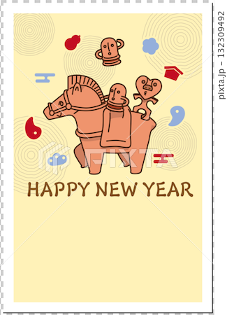 馬の埴輪に乗った埴輪とハート埴輪の年賀状イラスト（干支・和風・ユーモアデザイン） 132309492