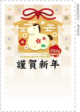 New Year's card illustration featuring a paper horse on a votive plaque (zodiac, Japanese style, auspicious design) 132309494