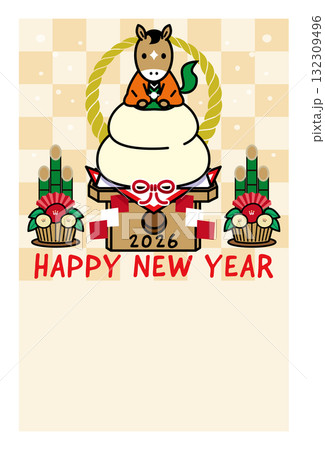 鏡餅の上に乗ったお馬さんの年賀状イラスト(干支・和風・かわいい縁起物デザイン) 鏡餅の上に乗ったお馬さんの年賀状イラスト(干支・和風・かわいい縁起物デザイン) 132309496