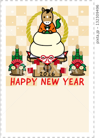 鏡餅の上に乗ったお馬さんの年賀状イラスト(干支・和風・かわいい縁起物デザイン) 鏡餅の上に乗ったお馬さんの年賀状イラスト(干支・和風・かわいい縁起物デザイン) 132309496