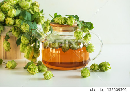 Hop Tea in Glass Teapot with Fresh Hops on Table Hop Tea in Glass Teapot with Fresh Hops on Table 132309502