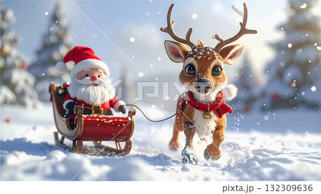 クリスマスの可愛いサンタクロースとトナカイ 132309636