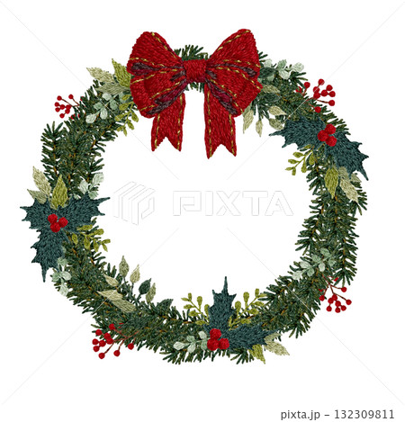 【クリスマスリース丸枠】手刺繍イラスト素材 【クリスマスリース丸枠】手刺繍イラスト素材 132309811