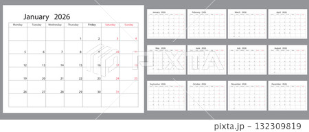2026 Calendar Layout with Monthly and Daily Views Highlighted by Weekdays. 132309819