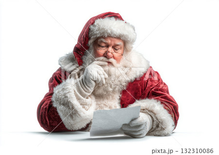 Santa Claus in red costume and white gloves reading a letter 132310086