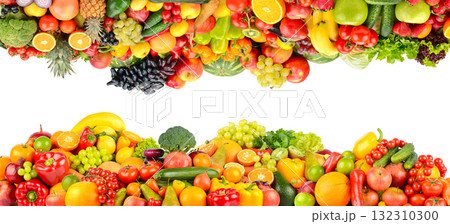 Fresh Organic Produce Frame Made of Fruits and Vegetables on White 132310300