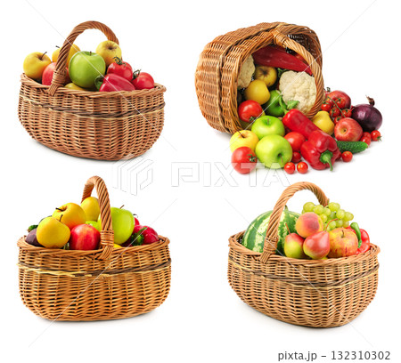 Wicker Basket Filled with Fresh Fruits and Vegetables Isolated on White Background 132310302