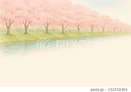 桜シリーズ:桜並木が遠景に広がる和風トップ型背景 桜シリーズ:桜並木が遠景に広がる和風トップ型背景 132310361