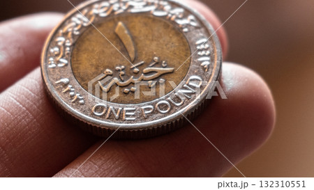 A close-up of a one Egyptian pound coin resting on a smooth surface. The coin features intricate designs and Arabic inscriptions. A close-up of a one Egyptian pound coin resting on a smooth surface. The coin features intricate designs and Arabic inscriptions. 132310551