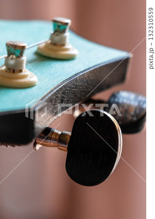 Close-up of a guitar headstock with tuning pegs and strings. The headstock is turquoise with metallic components. The background is softly blurred. Close-up of a guitar headstock with tuning pegs and strings. The headstock is turquoise with metallic components. The background is softly blurred. 132310559