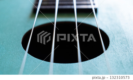 Close-up of a guitar fretboard with wooden texture and metal strings. The background is softly blurred, highlighting the instrument's details.	 132310573