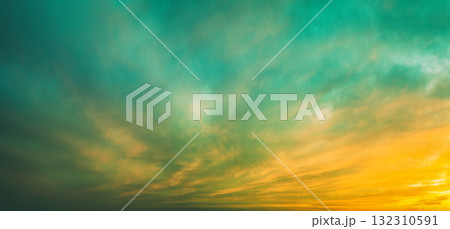 Cloudy sky at sunset. Cloudy sky background. Horizontal banner 132310591