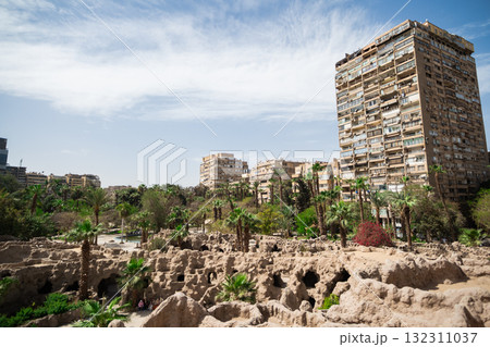 Panoramic view of Cairo from drone point of view. Mosques and rooftops of buildings. Panoramic view of Cairo from drone point of view. Mosques and rooftops of buildings. 132311037