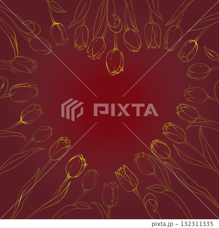 golden silhouettes flowers tulips on red background, heart frame, vector illustration. Hand drawn floral elements. Gift card tulips for Valentines Day golden silhouettes flowers tulips on red background, heart frame, vector illustration. Hand drawn floral elements. Gift card tulips for Valentines Day 132311335