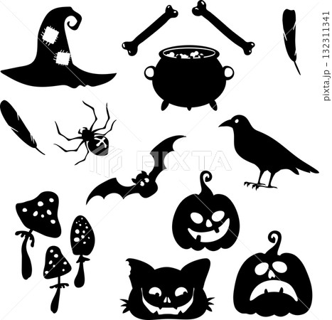 Halloween decor collection featuring black and white silhouettes for cutting. Includes mushrooms, a cauldron, a raven, a pumpkin, a witchs hat, and a bird feather. Halloween decor collection featuring black and white silhouettes for cutting. Includes mushrooms, a cauldron, a raven, a pumpkin, a witchs hat, and a bird feather. 132311341