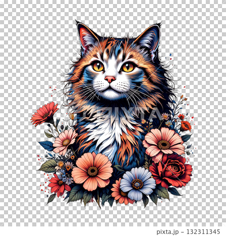 A shaggy, American Curl cat portrait surrounded by a beautiful watercolor bouquet of roses and daisies. 132311345