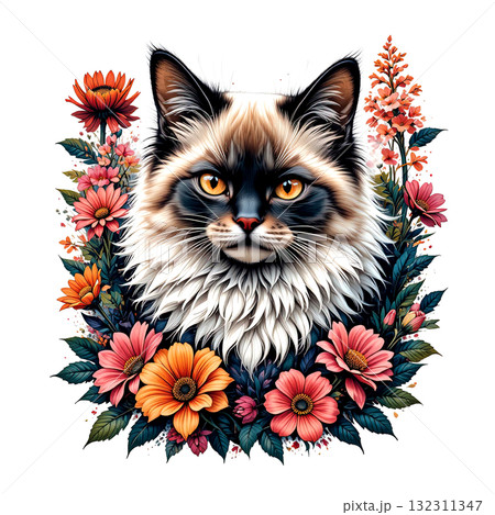 A fluffy Balinese cat with amber eyes and dark points, nested in a lush, vintage-style floral border. 132311347