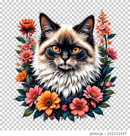 A fluffy Balinese cat with amber eyes and dark points, nested in a lush, vintage-style floral border. 132311347