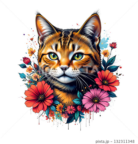 A wild-looking Bengal cat with striking leopard spots and green eyes, framed by red and pink flowers. 132311348