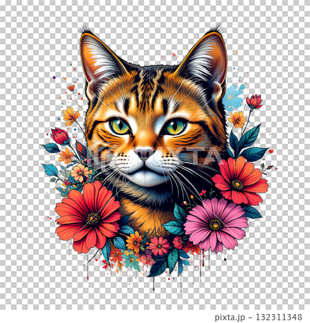 A wild-looking Bengal cat with striking leopard spots and green eyes, framed by red and pink flowers. 132311348