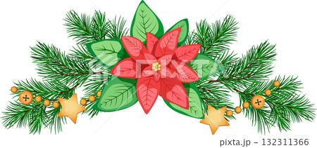 Christmas composition with poinsettia, fir branches, and golden garland. Merry Christmas Clip Art. 132311366