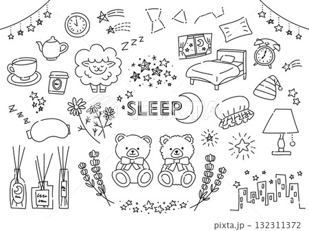 睡眠関係の手描きイラストセット 睡眠関係の手描きイラストセット 132311372