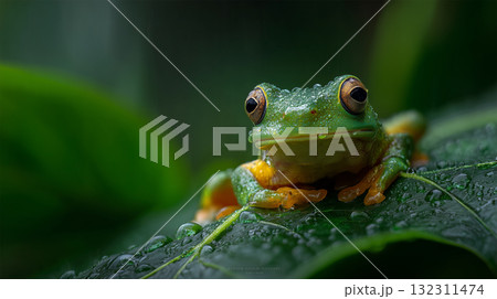 葉の上で休む緑のカエルの姿 132311474