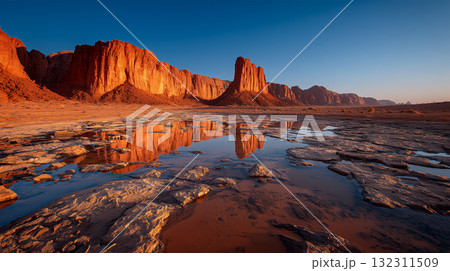 雨上がりの砂漠で赤い岩山が水面に映る風景 132311509