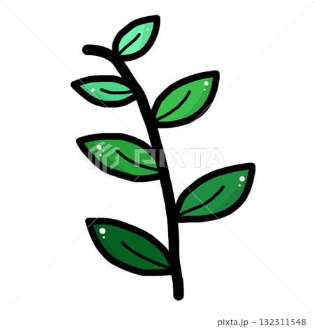 Vibrant hand drawn illustration of plant branch with green leaf foliage. This simple cartoon sprig represents fresh growth, nature, and organic life on transparency background 132311548