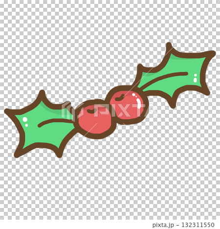 Charming hand drawn coquette holly berry illustration for Christmas. Festive, cute winter plant with red berry, doodle aesthetic and botanical element for design on transparency background 132311550