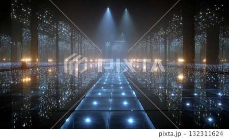 Infinity mirrored room, glowing LED lights and endless reflections. Infinity mirrored room, glowing LED lights and endless reflections. 132311624