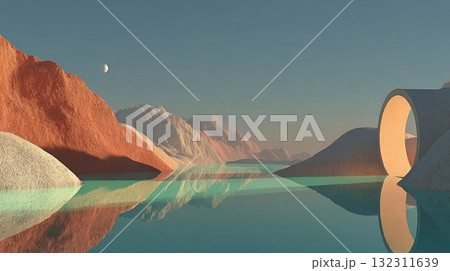 Surreal landscape digital art with pastel mountains, calm water, and abstract archway. Surreal landscape digital art with pastel mountains, calm water, and abstract archway. 132311639