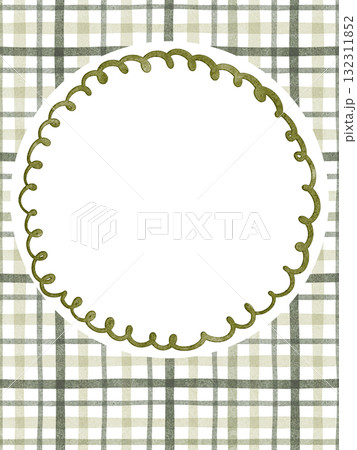 Watercolor rectangular frame with green checkered background. Abstract layout for card, banner, or document. Printable illustration for cozy design and organizer template. 132311852