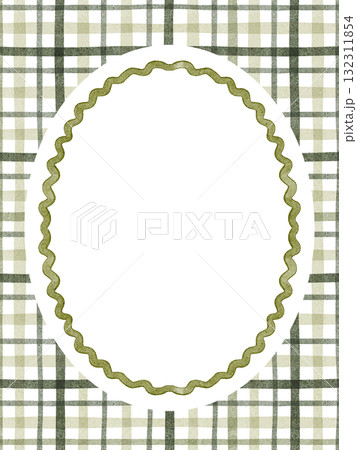 Watercolor rectangular frame on green checkered background. Abstract layout for card, banner, or document. Printable illustration for cozy design and organizer template. 132311854