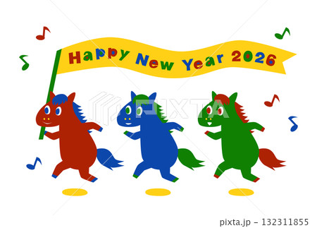 2026年午年のポップな馬の年賀状(旗を持つ3頭の馬) 2026年午年のポップな馬の年賀状(旗を持つ3頭の馬) 132311855