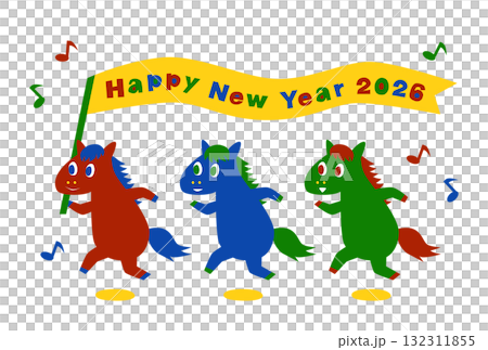 2026年午年のポップな馬の年賀状(旗を持つ3頭の馬) 2026年午年のポップな馬の年賀状(旗を持つ3頭の馬) 132311855