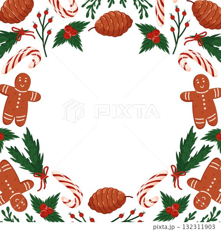 Christmas circle frame with gingerbread man, candy cane, pinecone, holly berry and evergreen branch in flat style. Design for bakery greeting card. 132311903