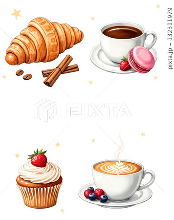 Set of watercolor cafe illustrations. Croissant, coffee cup, latte art, cupcake, and pink macaron. Bakery and breakfast items isolated on white. Set of watercolor cafe illustrations. Croissant, coffee cup, latte art, cupcake, and pink macaron. Bakery and breakfast items isolated on white. 132311979