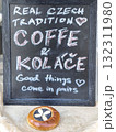 Traditional Czech coffee and pastry signboard in Prague. 132311980