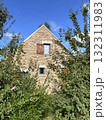 brick house with window blinds behind trees 132311983