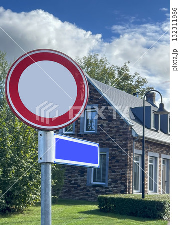 blank or emthy traffic sign and blue board with copy space at street. blank or emthy traffic sign and blue board with copy space at street. 132311986