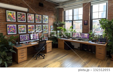 Bright Office Space with Exposed Brick, Artwork, Plants, and Cit 132312055