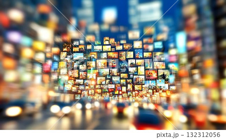 Abstract Cityscape with Floating Images and Blurred Street Light 132312056