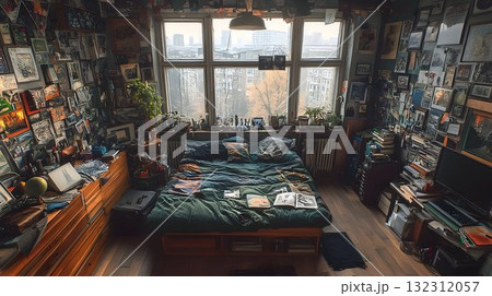 Eclectic artist's room with chaotic charm, city view, and walls 132312057