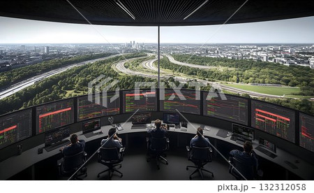 Analysts monitor stock data in a futuristic control room overloo Analysts monitor stock data in a futuristic control room overloo 132312058
