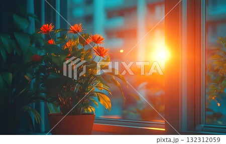 Vibrant orange flowers in a pot bask in the warm glow of a sunse 132312059