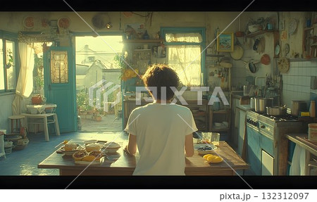 Back view of a person in a sunlit, rustic kitchen with a garden Back view of a person in a sunlit, rustic kitchen with a garden 132312097