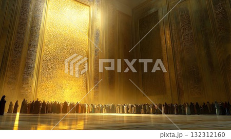 Golden Hall Gathering: A Crowd Silhouetted Against Ornate Walls 132312160