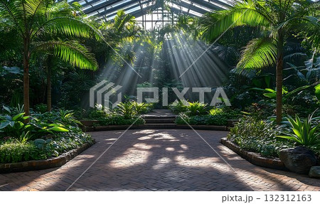 Sunbeams pierce the lush foliage of a tropical greenhouse, illum Sunbeams pierce the lush foliage of a tropical greenhouse, illum 132312163