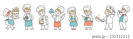 Kid in chef hat. Child cook characters, cute baker or cooker girl and boy, little confectioner. Happy people in apron and hat, uniform. Work occupation. Vector cartoon isolated illustration 132312211